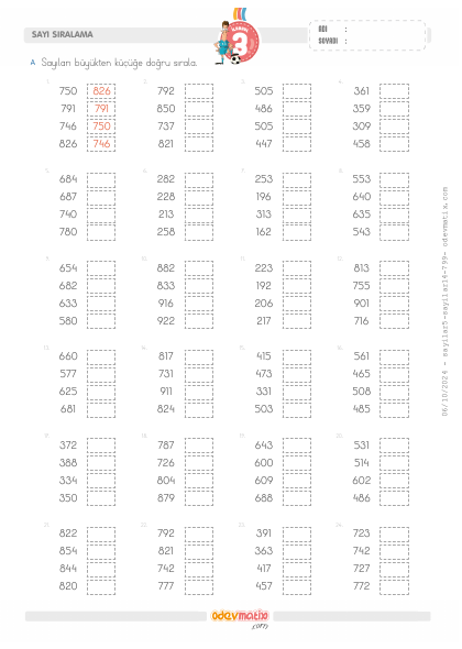 3.S�n�f 4 Say�l� B�y�kten K����e Say� S�ralama(2) Etkinli�i