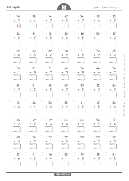 2.S�n�f 2 Basamakl� ile 1 Basamakl� Toplama ��lemi(1) Etkinli�i