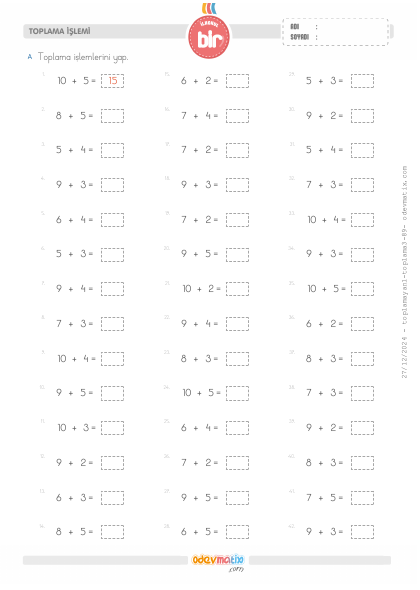 1.S�n�f 3.Seviye Toplama ��lemi(Yan-Yana)(5) Etkinli�i